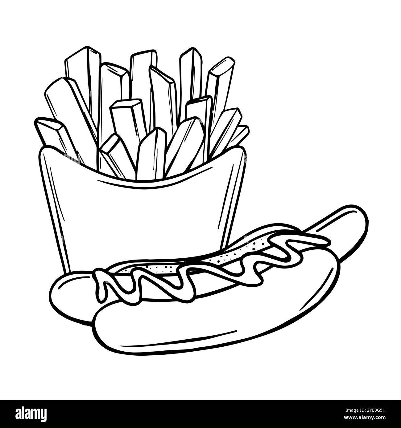 Patatine fritte e schizzo di hot dog. Patatine fritte disegnate a mano dipinte da inchiostri neri. Menu Street fast food disegnato in stile art. Cibo Vector illu Illustrazione Vettoriale