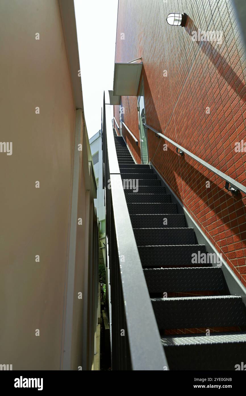 Una scala di emergenza in metallo che conduce direttamente al tetto tra due edifici Foto Stock Una scala di emergenza in metallo che conduce direttamente al tetto tra due edifici Foto Stock