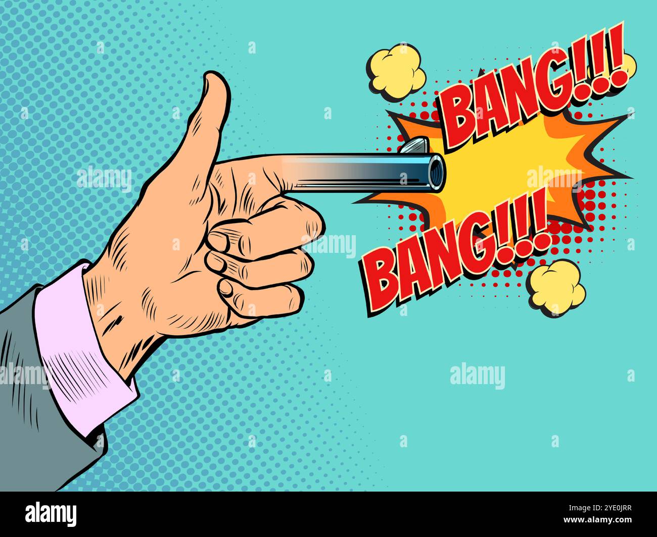 Pistola con gesti della mano con effetto esplosivo. Sconti e promozioni per clienti aziendali. Offerta speciale a prezzi vantaggiosi. Illustrazione Vettoriale