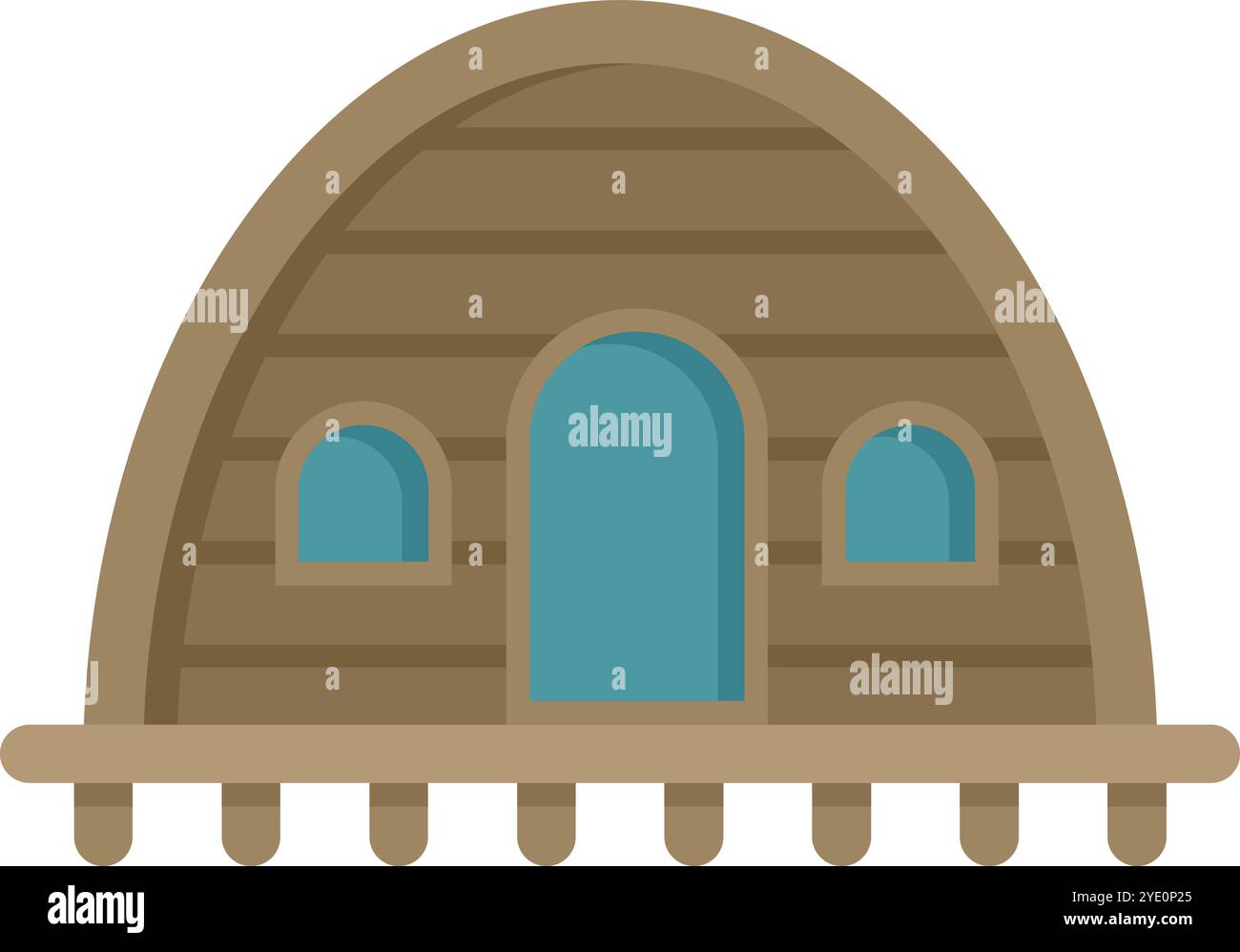 La casa bungalow in legno galleggia sull'acqua e presenta un design ad arco, perfetto per rappresentare i concetti di case vacanza e di vita sul lungomare Illustrazione Vettoriale