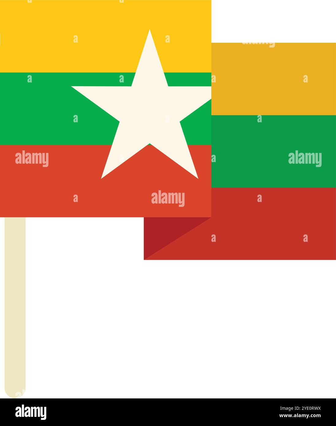 Semplice illustrazione vettoriale della bandiera del myanmar su un palo, sventolando Illustrazione Vettoriale