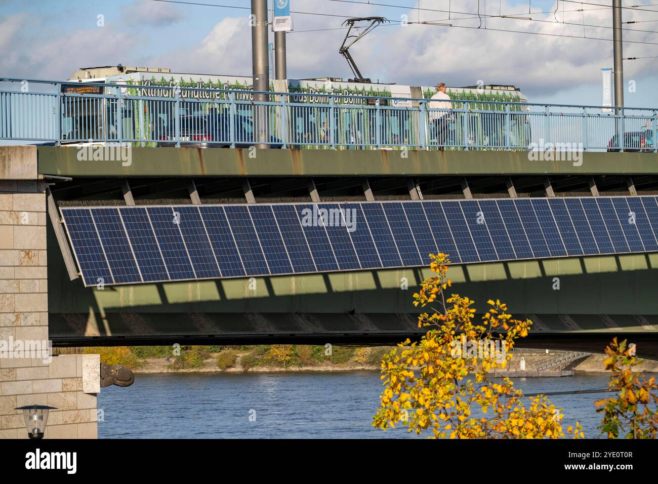 Die Kennedybrücke über den Rhein bei Bonn, längste Brücke mit einer Solaranlage in Deutschland, über 390 Solarmodule sind an der Südseite Straßenbrücke montiert, Leistung 90 kW, Wird ins öffentliche Netz gespeist, NRW, Deutschland, Solaranlage Kennedybrücke *** il ponte Kennedy sul Reno vicino a Bonn, il ponte più lungo con un impianto solare in Germania, oltre 390 moduli solari sono montati sul lato sud del ponte stradale, uscita 90 kW, alimentati nella rete pubblica tedesca, NRW installazione solare del ponte Kennedy Foto Stock