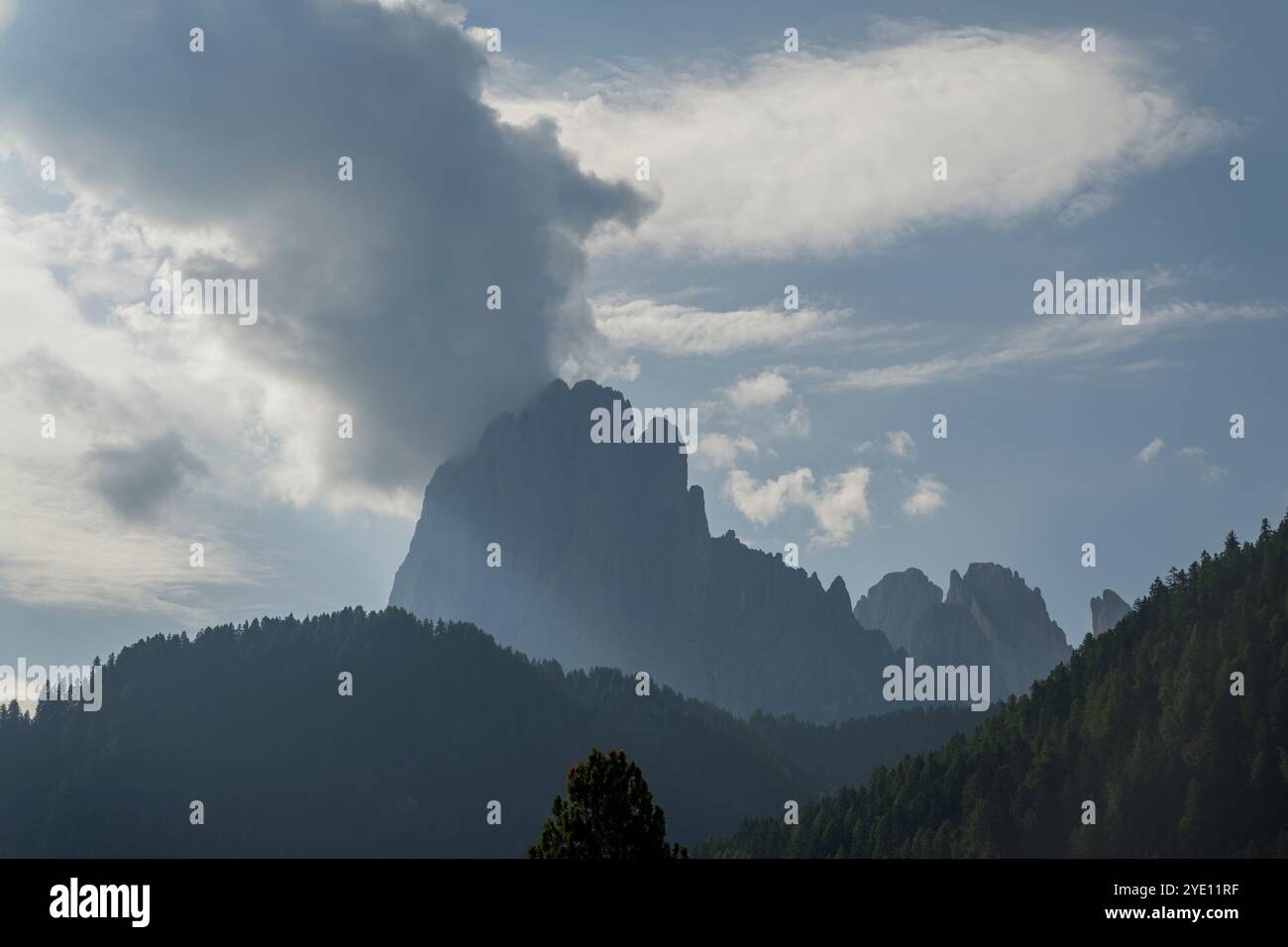 Vista del monte Langkofel (Sassolungo) da Santa Cristina, Val Gardena, Dolomiti, alto Adige e Italia settentrionale. Foto Stock