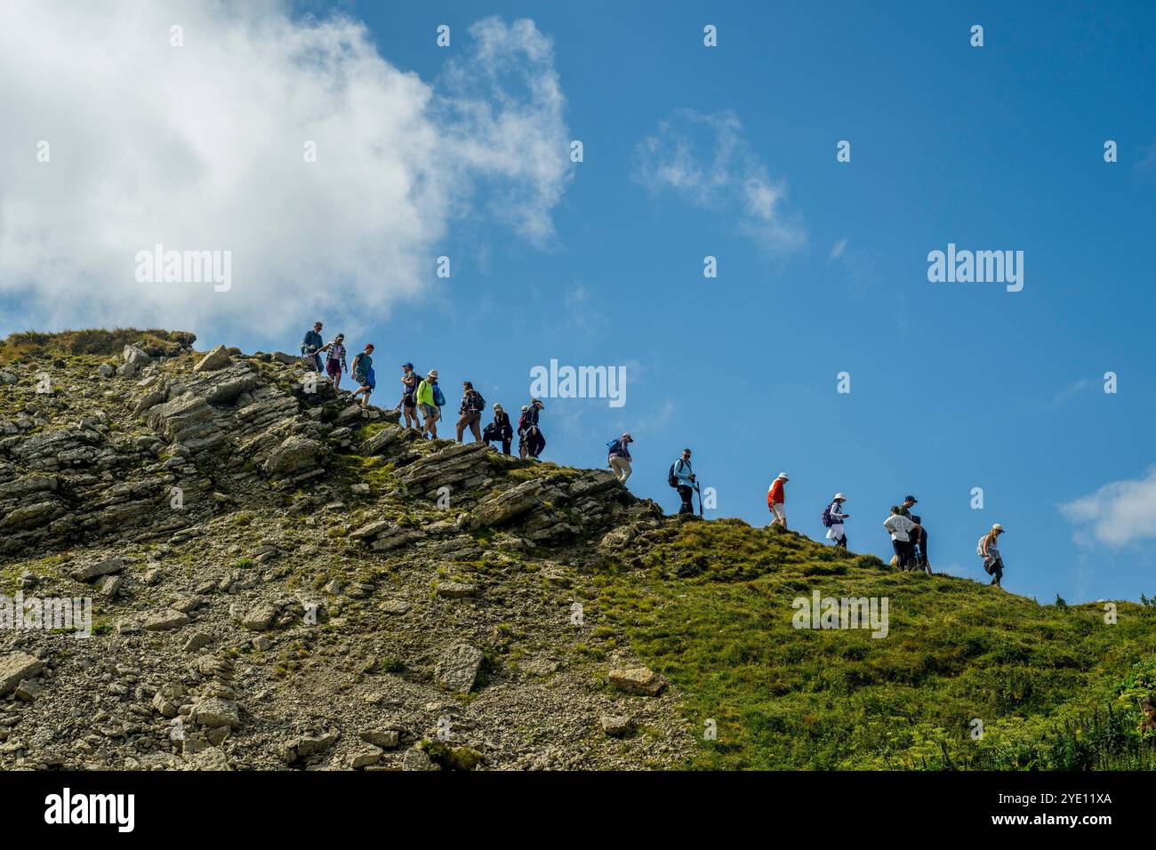 Escursionisti sul monte Seceda, sopra Ortisei (Sankt Ulrich) in Val Gardena, Dolomiti, alto Adige e Nord Italia. Foto Stock