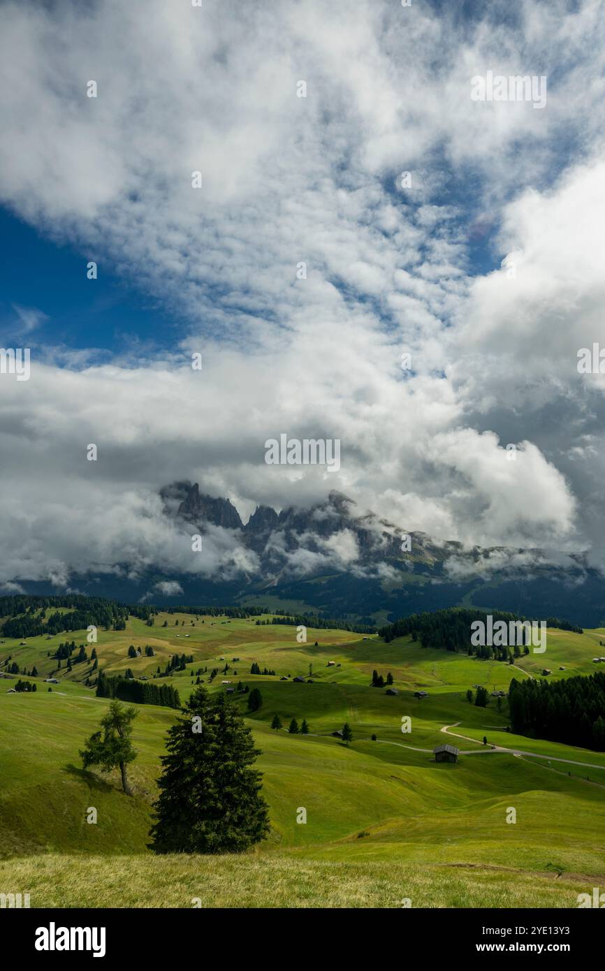 Vista del monte Langkofel (Sassolungo), sommerso da nuvole dopo le piogge, dall'Alpe di Siusi, la più grande montagna alpina d'alta quota Foto Stock