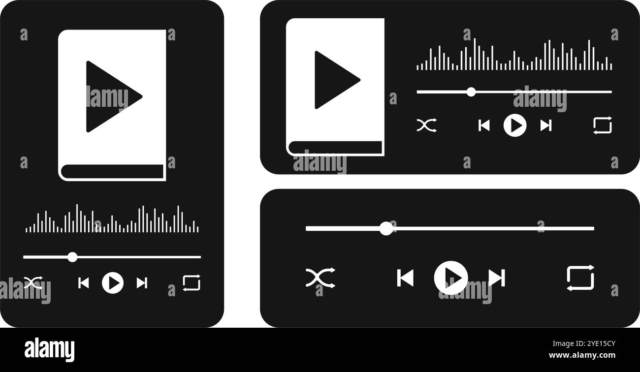 Modelli di interfaccia dell'app audiobook con segnale audio book, barra di scorrimento di avanzamento, onda sonora equalizzatore e pulsanti. Widget lettore audio eBook o podcast. Illustrazione grafica vettoriale. Illustrazione Vettoriale