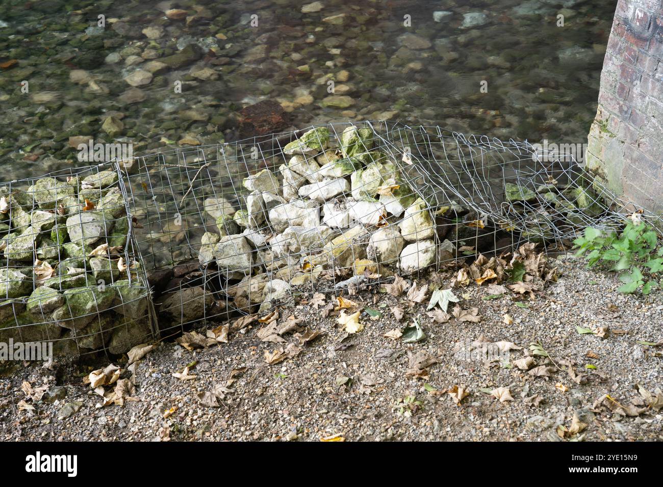 La protezione contro l'erosione del gabbione che protegge un sentiero è stata vandalizzata con fili tagliati e pietre mancanti. River Loddon, Old Basing, Basingstoke, Regno Unito Foto Stock