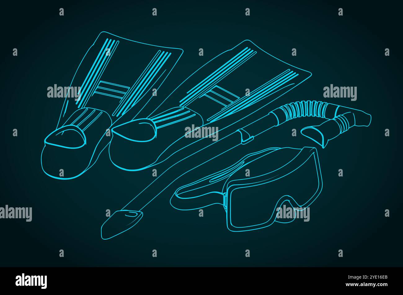 Attrezzatura da snorkeling e immersioni. Maschera per immersioni subacquee, boccaglio e pinne Illustrazione Vettoriale