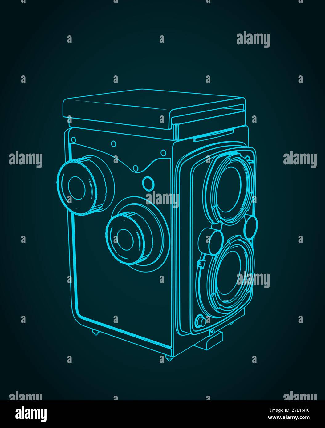 Illustrazione vettoriale stilizzata di una fotocamera reflex vintage a doppio obiettivo Illustrazione Vettoriale