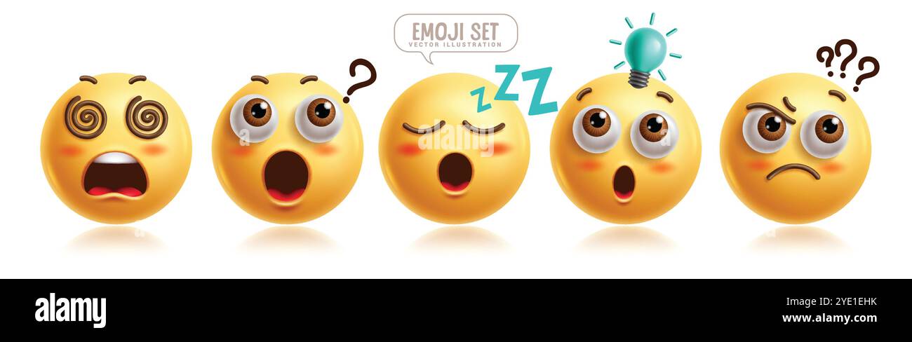 Set di vettori di caratteri 3d emoticon emoticon. Emoticon espressione facciale in simpatico, vertigini, domande, sonnolenza, stanco, facce intelligenti e confuse per la grafica Illustrazione Vettoriale