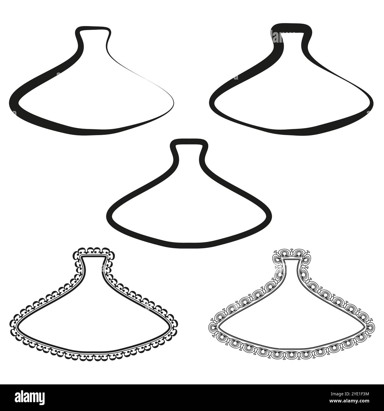 Tajine. Design tradizionale marocchino. Stili semplici e decorati. Vettore contorno nero. Illustrazione Vettoriale