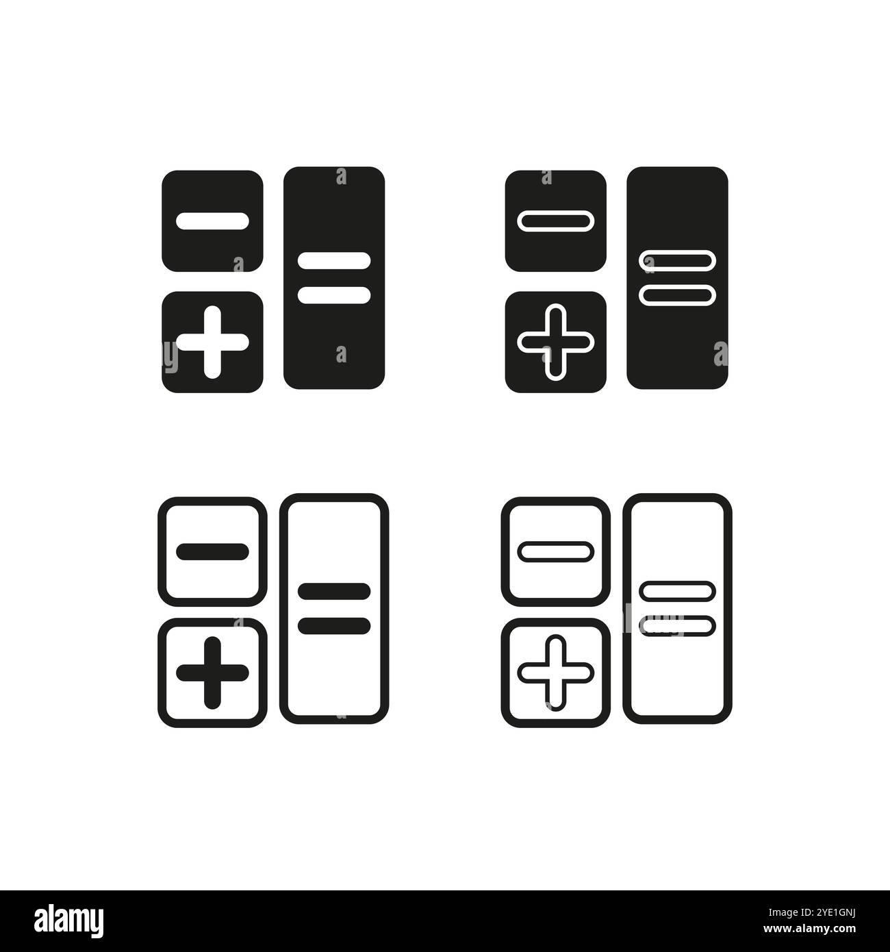 Icone dei pulsanti della calcolatrice. Simboli più e meno. Forme vettoriali minimali e audaci. Set bianco e nero. Illustrazione Vettoriale