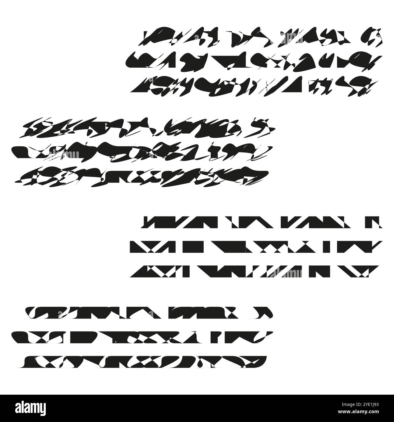 Testo distorto. Forme nere astratte. Tipografia frammentata. Illustrazione vettoriale. Illustrazione Vettoriale