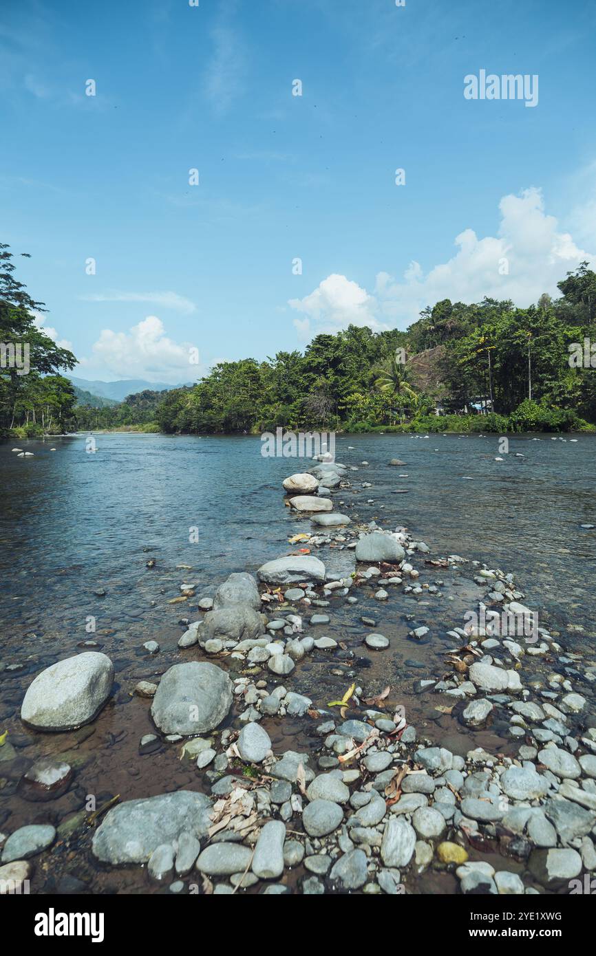 Il fiume si sta ritirando e riempito di pietre rotonde di forma irregolare Foto Stock