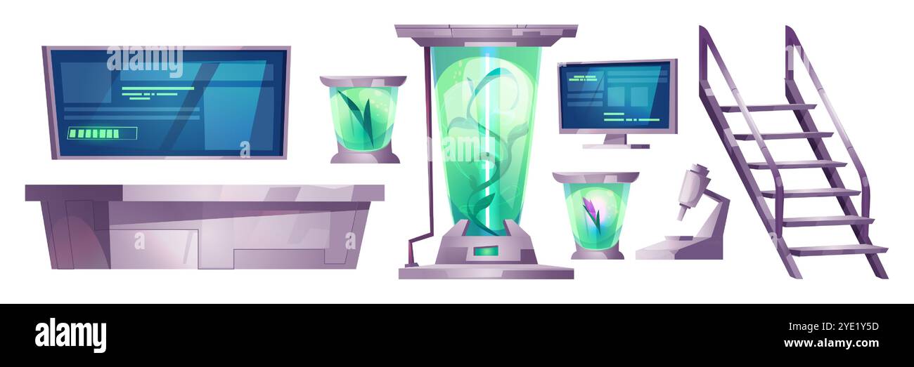 Attrezzature da laboratorio futuristiche per veicoli spaziali. Grandi monitor con dati, provette con sostanze e piante incandescenti, metallo al piano superiore, microscopio scientifico. esperimenti di esplorazione spaziale. Illustrazione Vettoriale