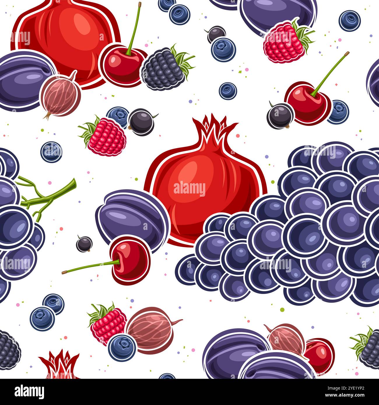 Motivo Vector Berry Seamless, sfondo decorativo con bacche di cartone animato volanti per avvolgere carta o biancheria da letto, placca quadrata con stoffa piatta grezza Illustrazione Vettoriale