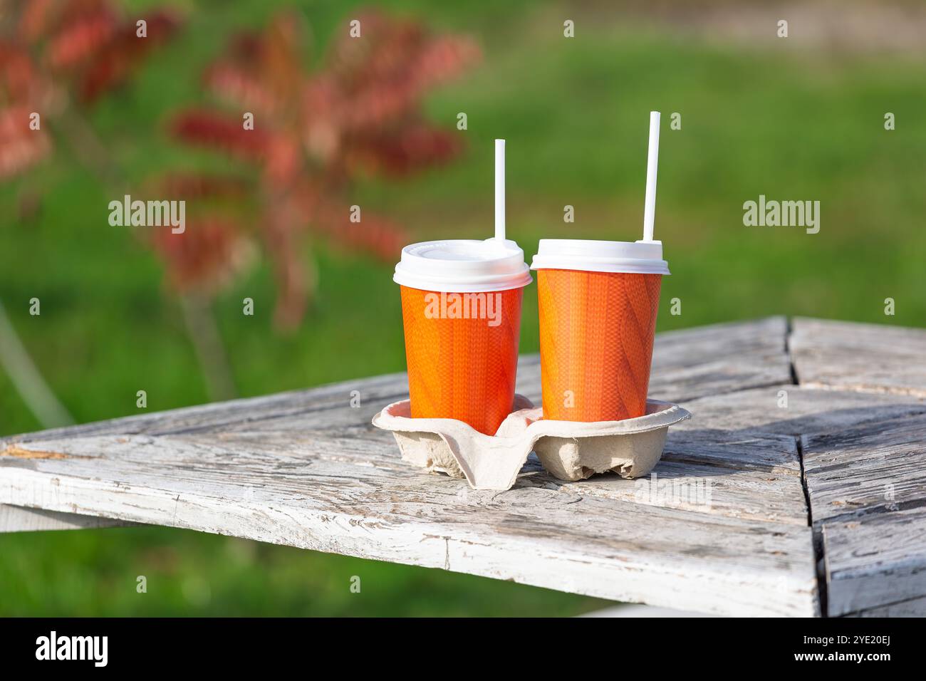 Due bicchieri di carta con coperchi per il tè. Due tazze da caffè da asporto di colore arancione luminoso con coperchi bianchi e cannucce poggiano su un rustico tavolo in legno con blu Foto Stock