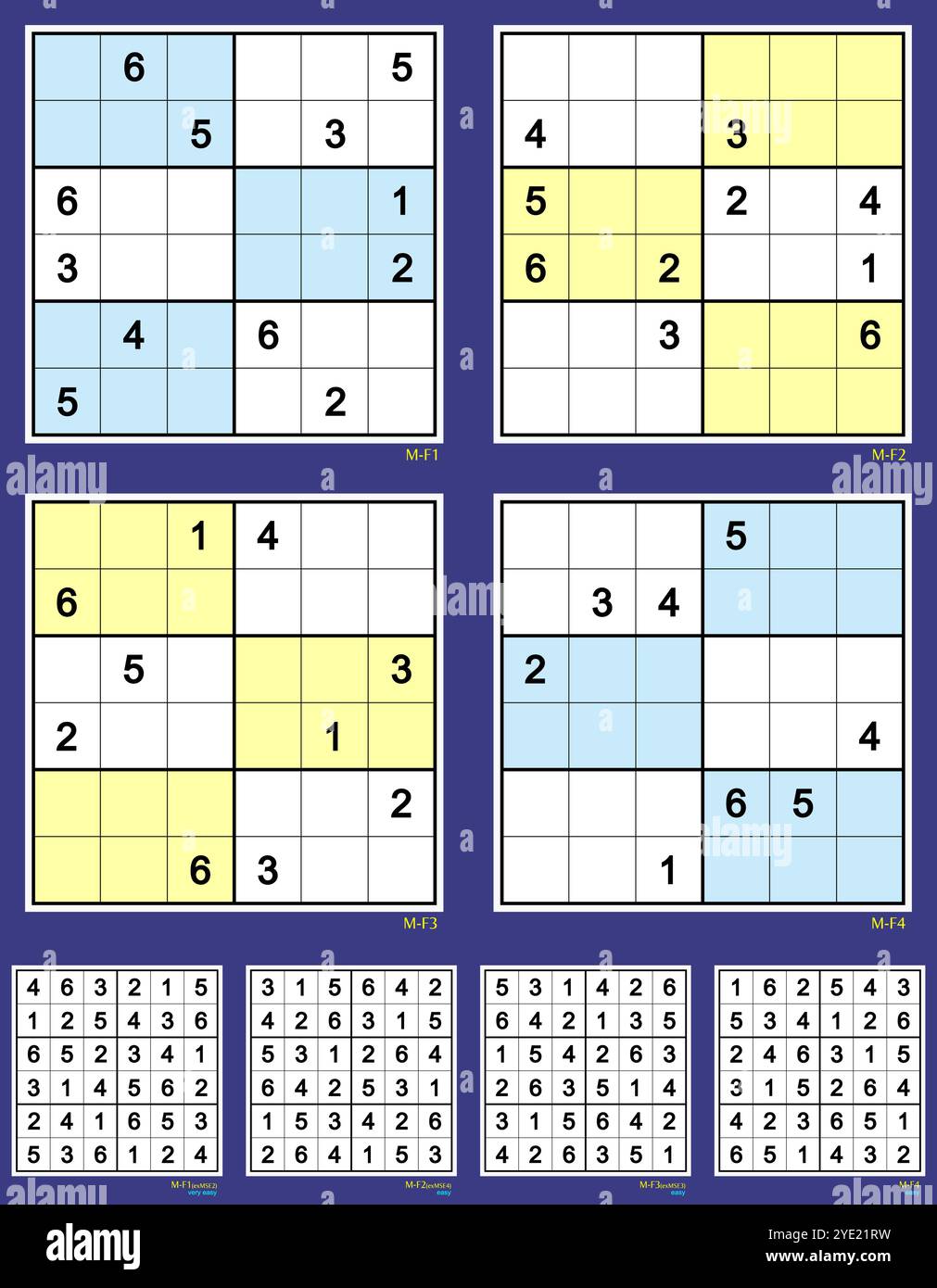 Set vettoriale Mini-Sudoku 06 MK II simmetria rotazionale. Molto facile, facile (3). 12, 10, 10, 8 indizi. Illustrazione Vettoriale