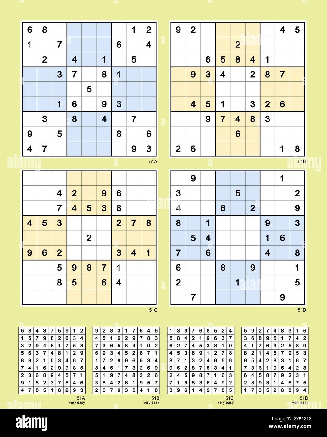 Sudoku set n.51 MK II simmetrie riflesse. Molto facile -, molto facile, v.e. -, v.e. 33, 32, 31, 30 indizi. Valutazione avanzata basata su sei percorsi di risoluzione. Illustrazione Vettoriale