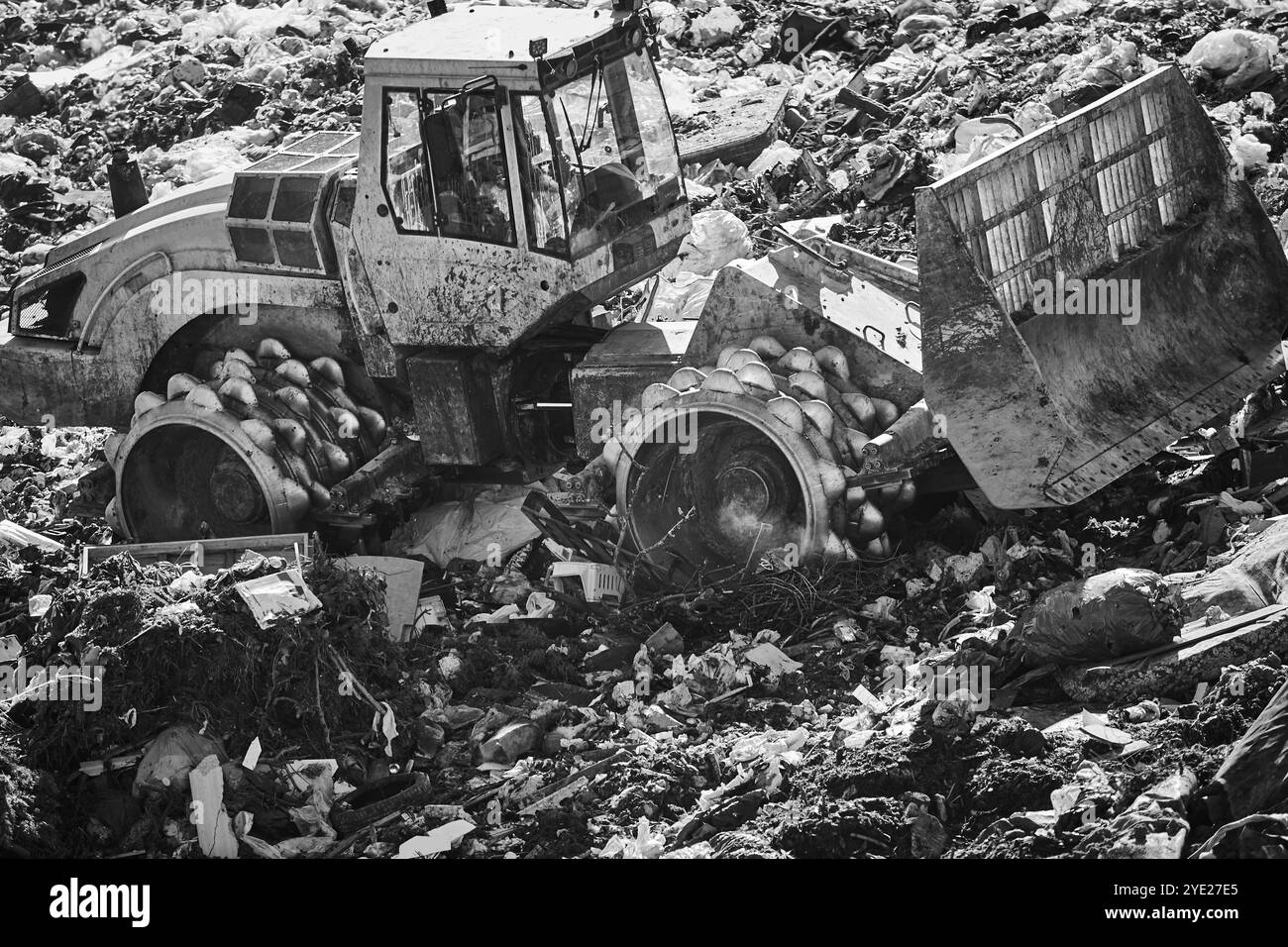 Macchinari pesanti che distrugge rifiuti in una discarica all'aria aperta. Rifiuti Foto Stock