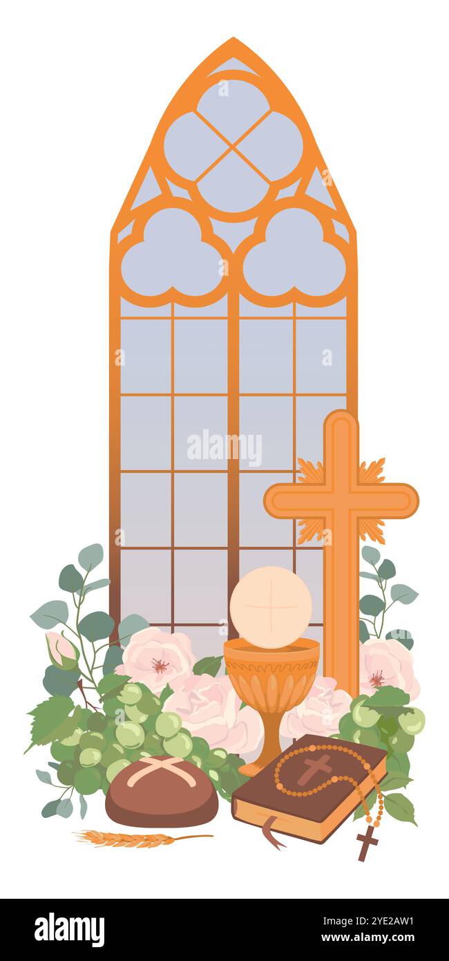 Simboli della prima Comunione. Vettore. Tazza di vino d'oro, Graal, pane, Bibbia, rosario, vino, rose bianche e crocifisso. Altare decorato a festa nella chiesa Illustrazione Vettoriale