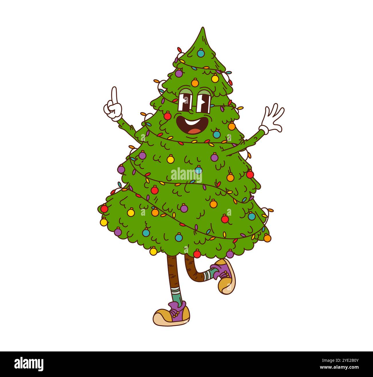 Vivace albero di pino di Natale in un cartone animato retrò per le vacanze invernali, emoji vettoriali. Divertente albero di Natale con emozione funky e felice ridere o ballare con decorazioni e luci di Natale Illustrazione Vettoriale