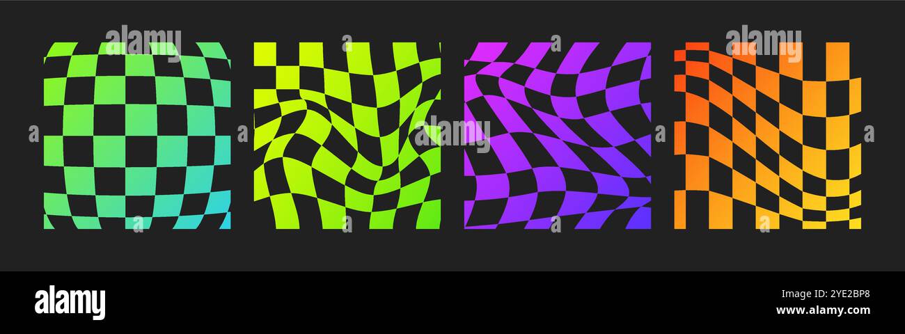 Scacchiera psichedelica. Set di sfondi hippie al neon Groovy anni '70. Carta da parati a scacchi Trippy. Illustrazione vettoriale retrò in stile Y2K. Eccentrico distorto Illustrazione Vettoriale