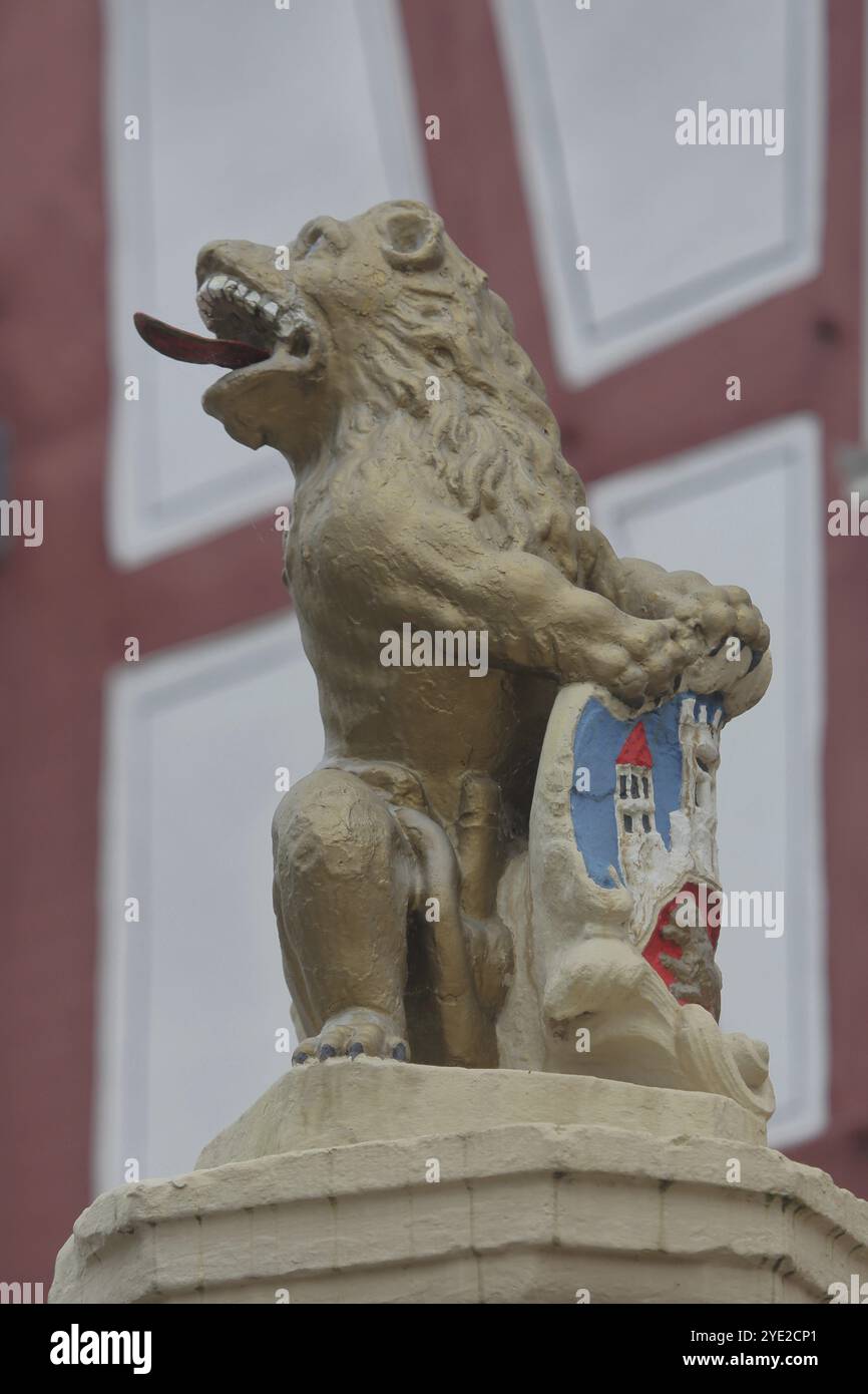 Fontana con leone e stemma della città, Oberer Markt, Biedenkopf, Assia, Germania, Europa Foto Stock