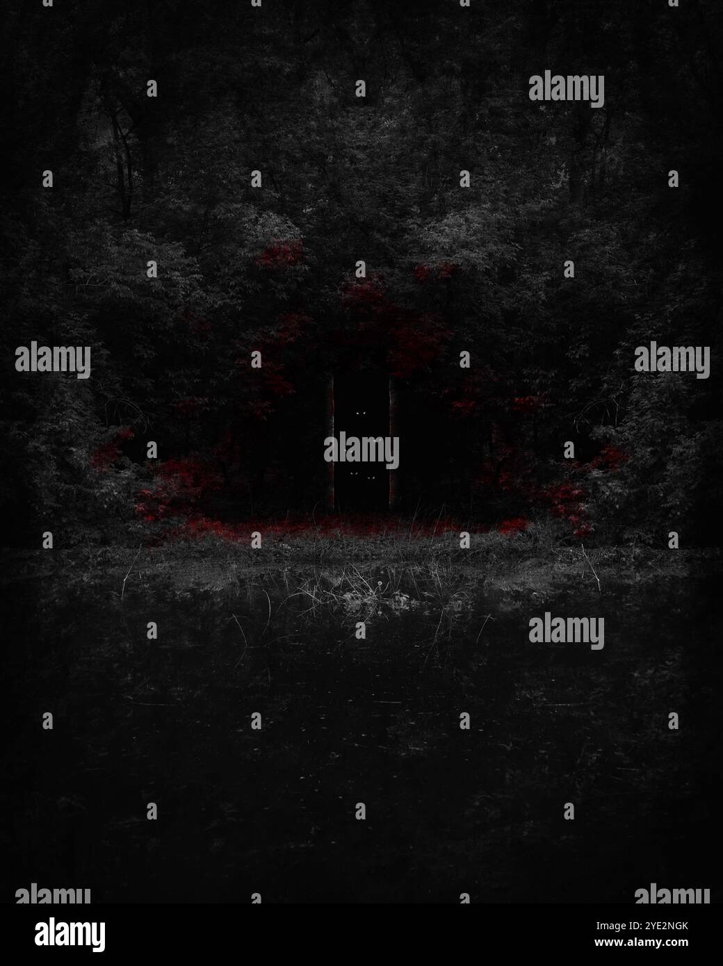 Porta nell'oscurità, suggestiva foresta Black Metal, foresta oscura e spettrale, atmosfera horror, colori fantastici Foto Stock