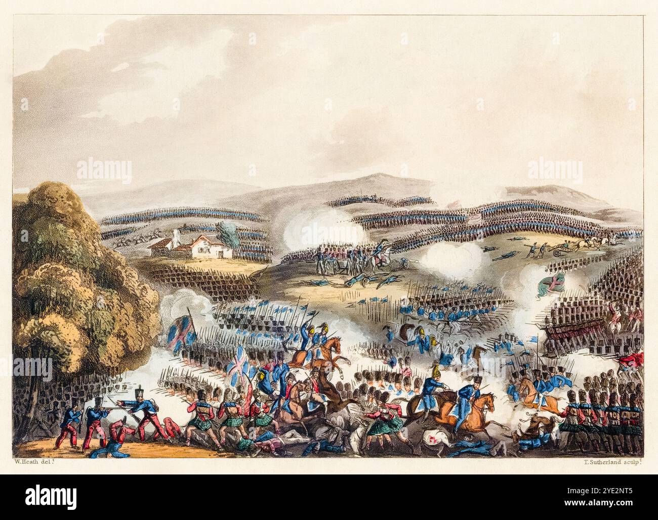 Battaglia di Quatre-Bras nella Battaglia di Waterloo, 16 giugno 1815, incisione acquatinta di Thomas Sutherland dopo William Heath, 1815 Foto Stock