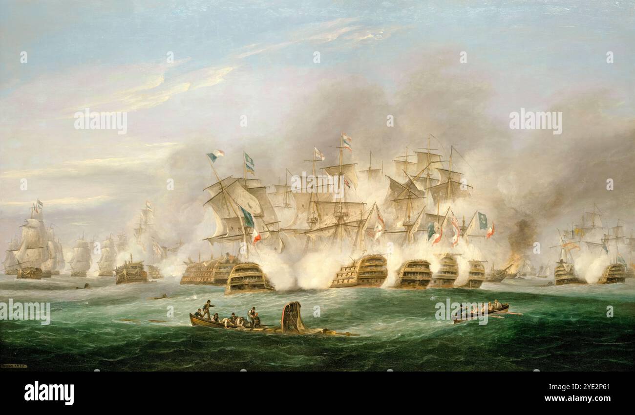 La battaglia di Trafalgar, dipinto ad olio su tela di Thomas Luny, 1825 Foto Stock