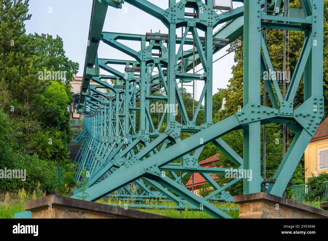 Schwebebahn Dresden, una delle più antiche ferrovie sospese del mondo. Solo struttura in ferro. Funivia sospesa, Dresda, Germania Foto Stock