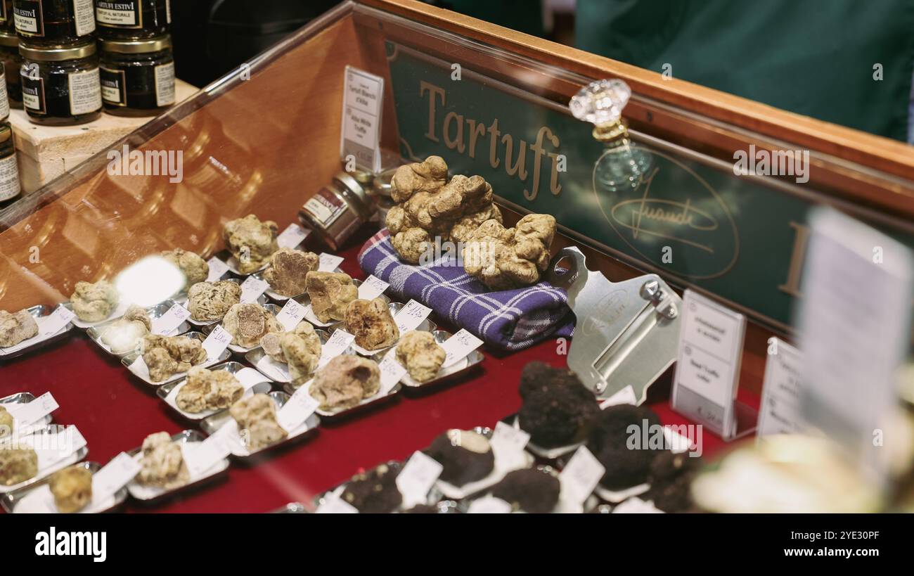Al Festival del Tartufo d'Alba in Italia, vengono esposti diversi tartufi, che mettono in mostra il ricco patrimonio culinario delle regioni e attirano gli amanti del cibo Foto Stock