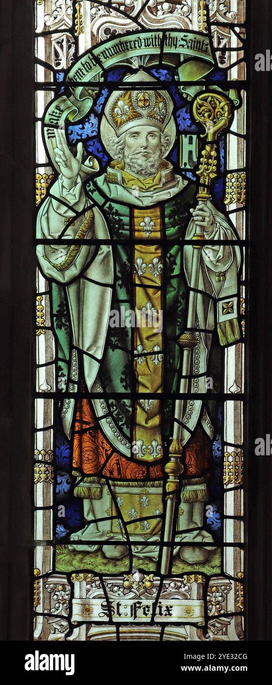 Vetrate colorate raffiguranti San felice, di Percy Bacon e Fratelli, Holy Trinity, Long Melford, Suffolk Foto Stock