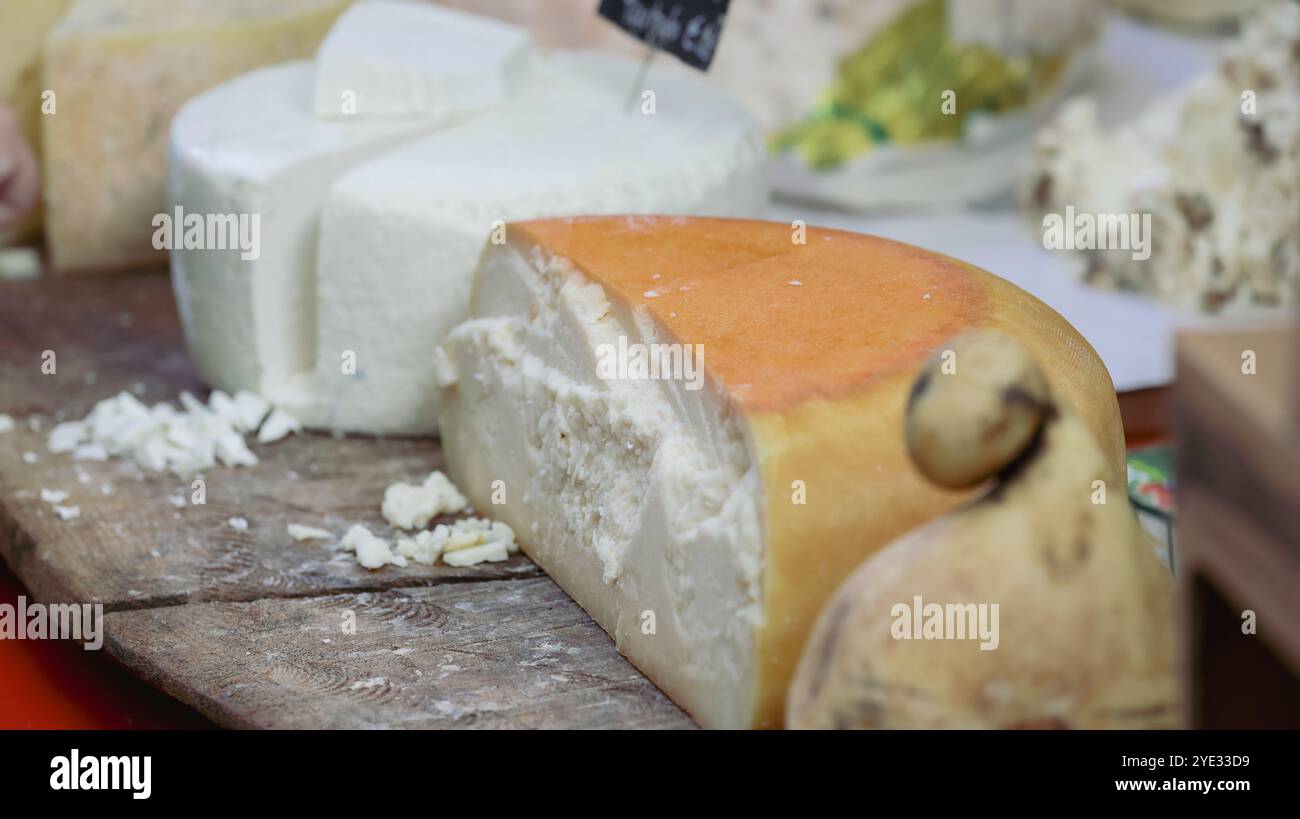 Una varietà di formaggi artigianali è esposta in un mercato di Alba, Italia, mettendo in risalto la ricca tradizione della produzione casearia locale. Foto Stock