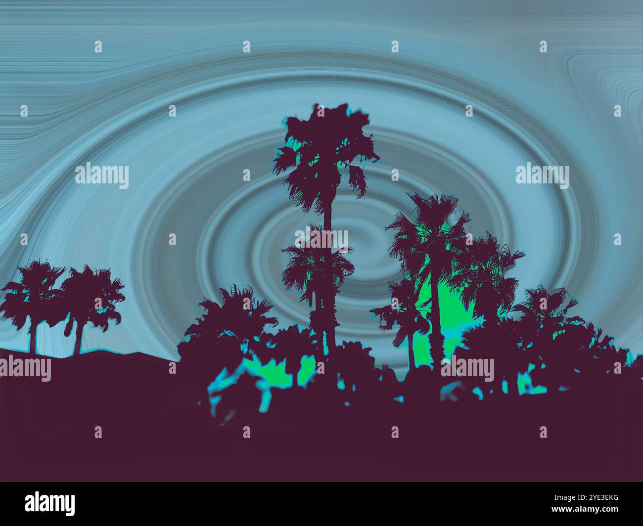 Immagine di sfondo creativa astratta, poster con sagome di palme contro il cielo turbolento. Resort tropicale. Vacanze estive. Palma di notte. Foto Stock