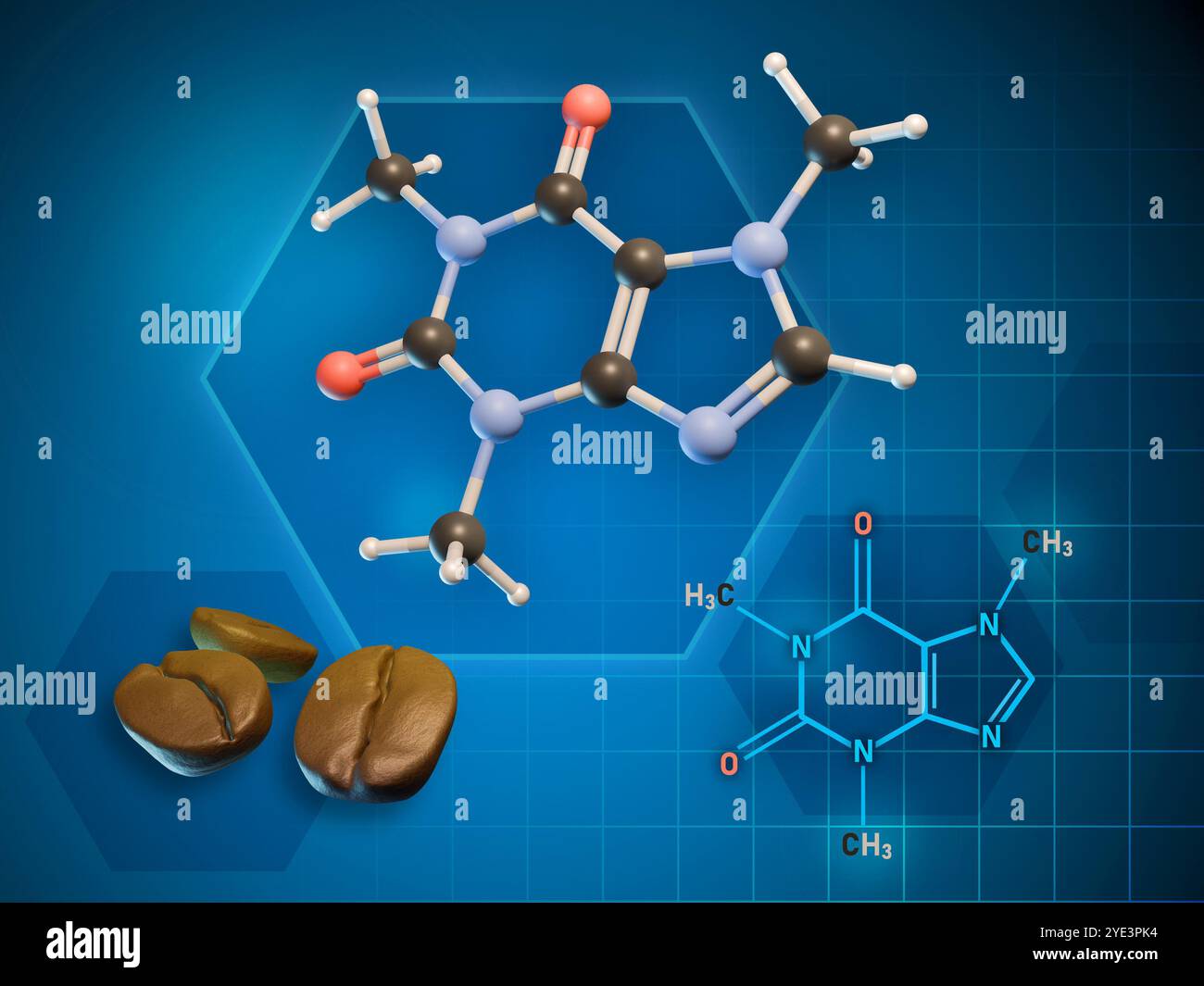Formula molecola di caffeina e diagramma 3D. Illustrazione 3D. Foto Stock