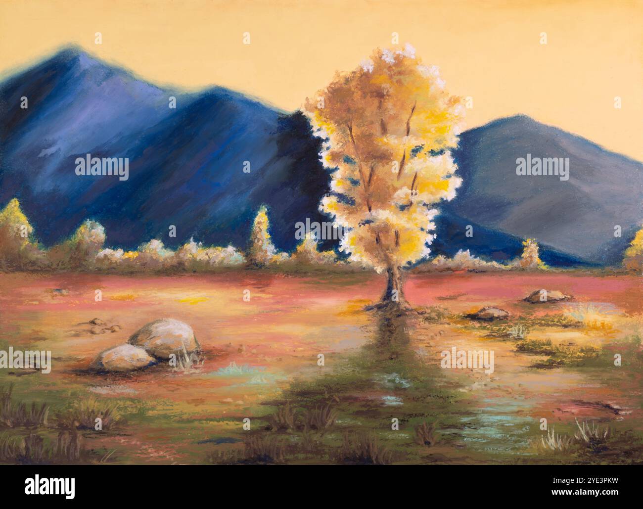 Paesaggio rurale al tramonto. Pitture originali a olio su carta. Foto Stock