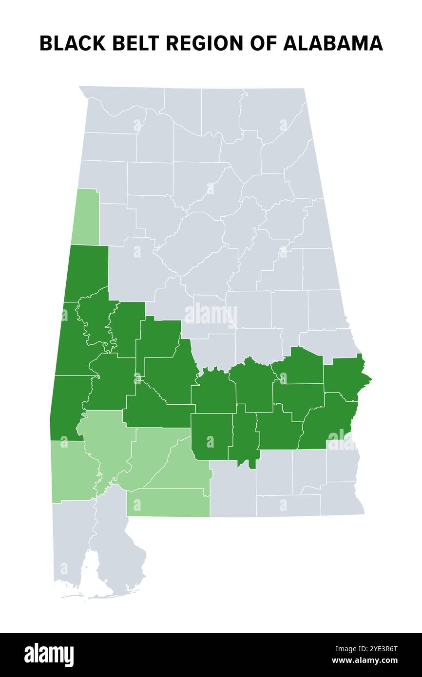 Regione della cintura nera dello stato americano dell'Alabama, mappa politica. Verdi evidenziate sono le contee in cui gli afroamericani costituiscono la maggioranza della popolazione. Foto Stock