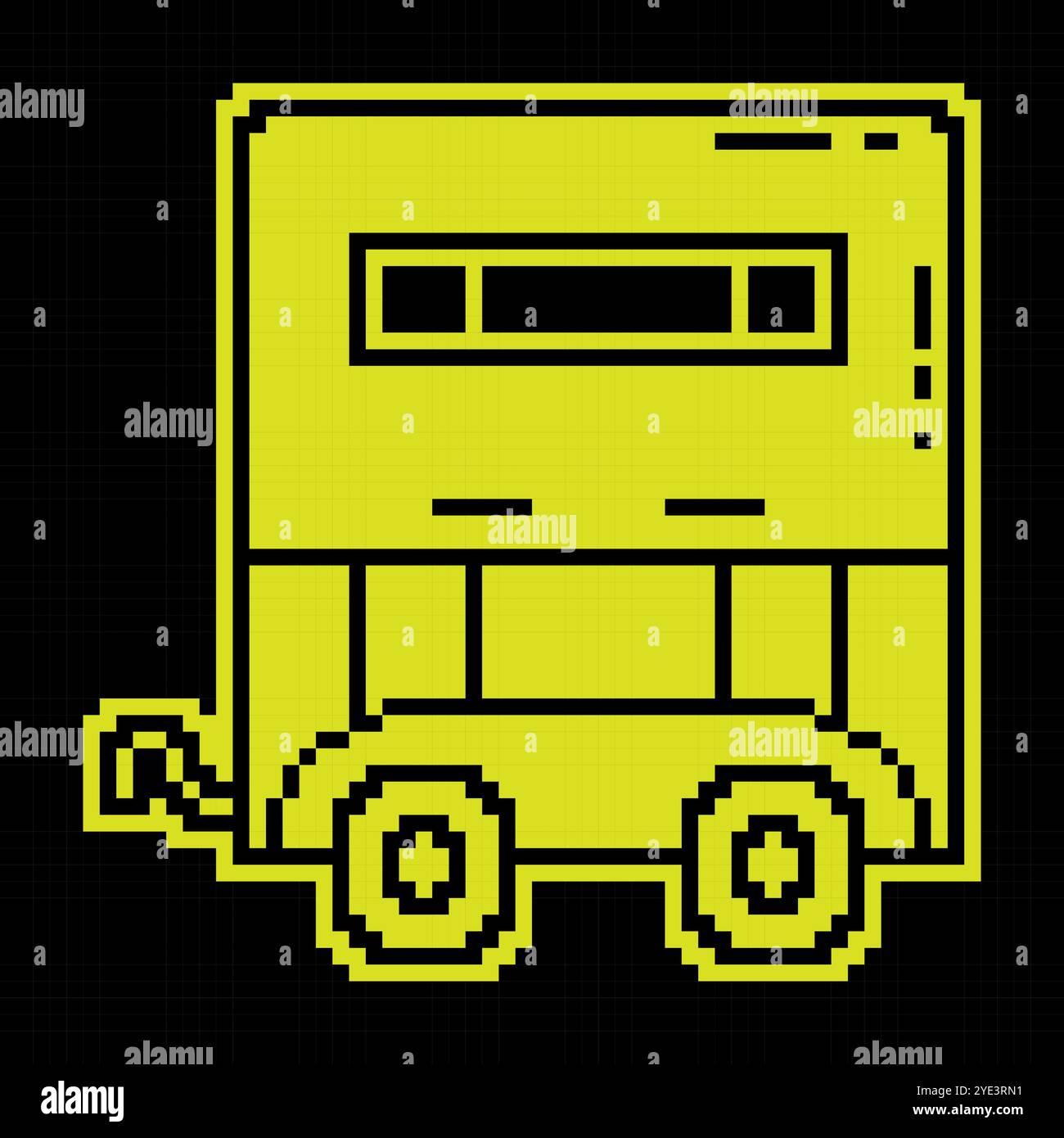 Icona silhouette pixel. Rimorchio per il trasporto di materiali da costruzione e animali. Lavoro in azienda agricola, trasporto di merci in auto. Semplice ve nero e giallo Illustrazione Vettoriale