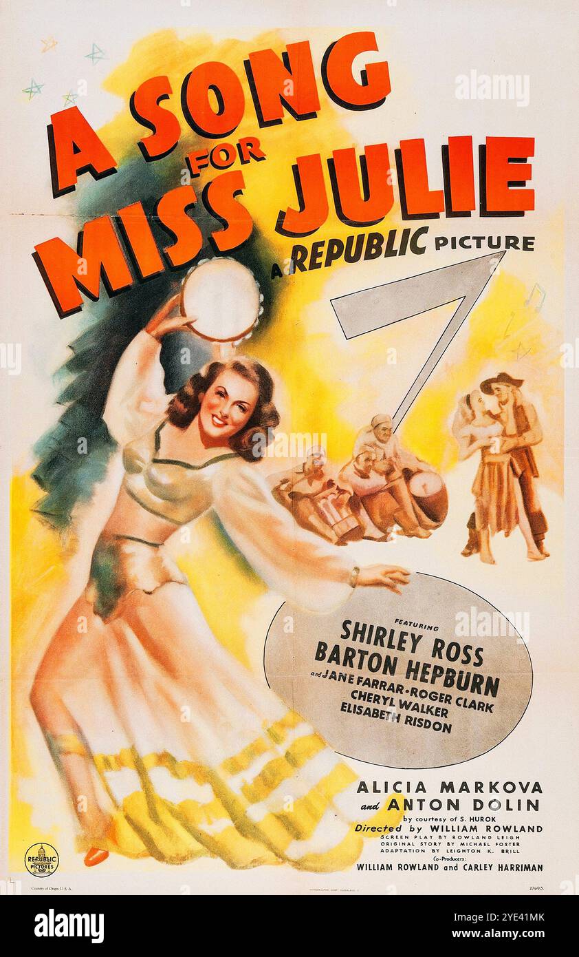 Poster cinematografico d'epoca per una canzone per Miss Julie, un film statunitense del 1945 diretto da William Rowland, con Shirley Ross e Barton Hepburn Foto Stock