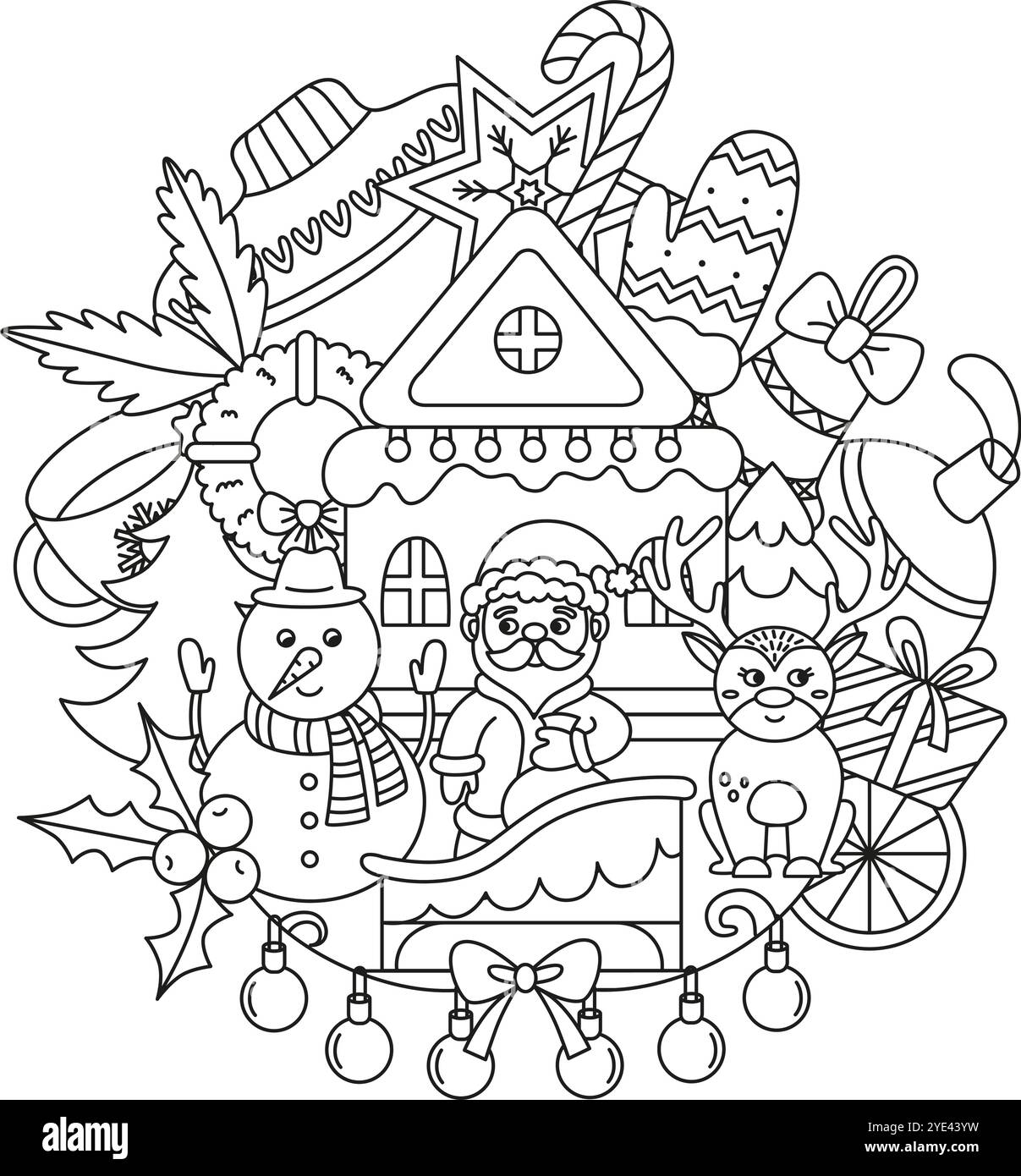 Pagina da colorare per Natale. Gli elementi di Natale sono delineati, i biscotti delle ghirlande di babbo natale e la tazza per bevande calde. Vettore neoterico per colorazione infantile Illustrazione Vettoriale