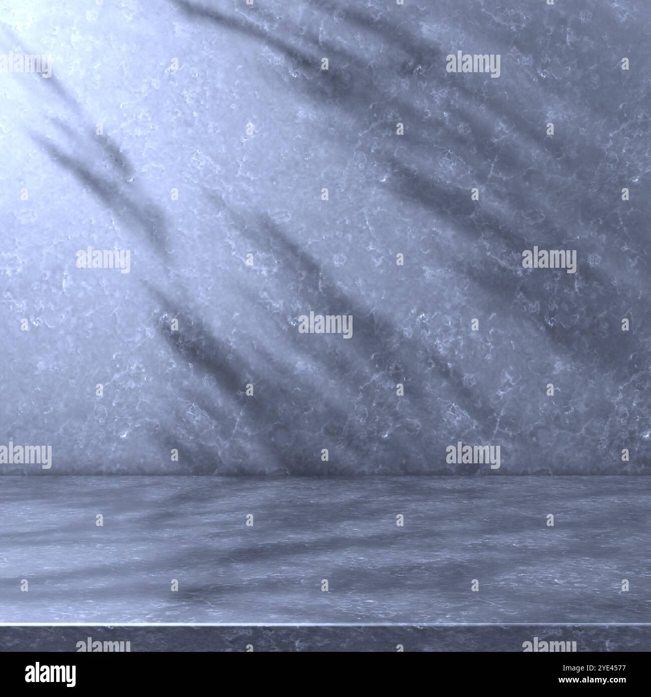 Sfondo vuoto per pavimento e parete illuminato dalla luce solare e dalle ombre delle piante.illustrazione 3d.sfondo per la presentazione del prodotto. Foto Stock