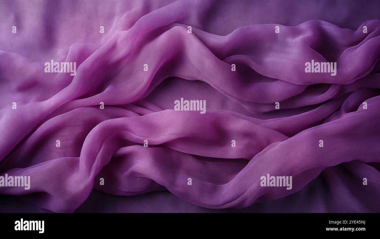 chiffon, materiale traslucido. vista dall'alto. pieghe in tessuto leggero. sfondo per matrimoni. sfondo di lusso viola, il tessuto si stende in morbide onde. Foto Stock