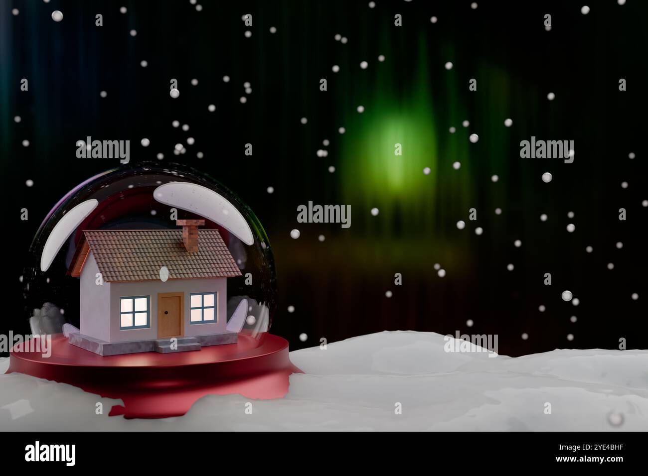 Il globo della neve presenta una casa accogliente con fiocchi di neve, adagiata su uno sfondo colorato dell'aurora boreale. rendering 3d. Foto Stock