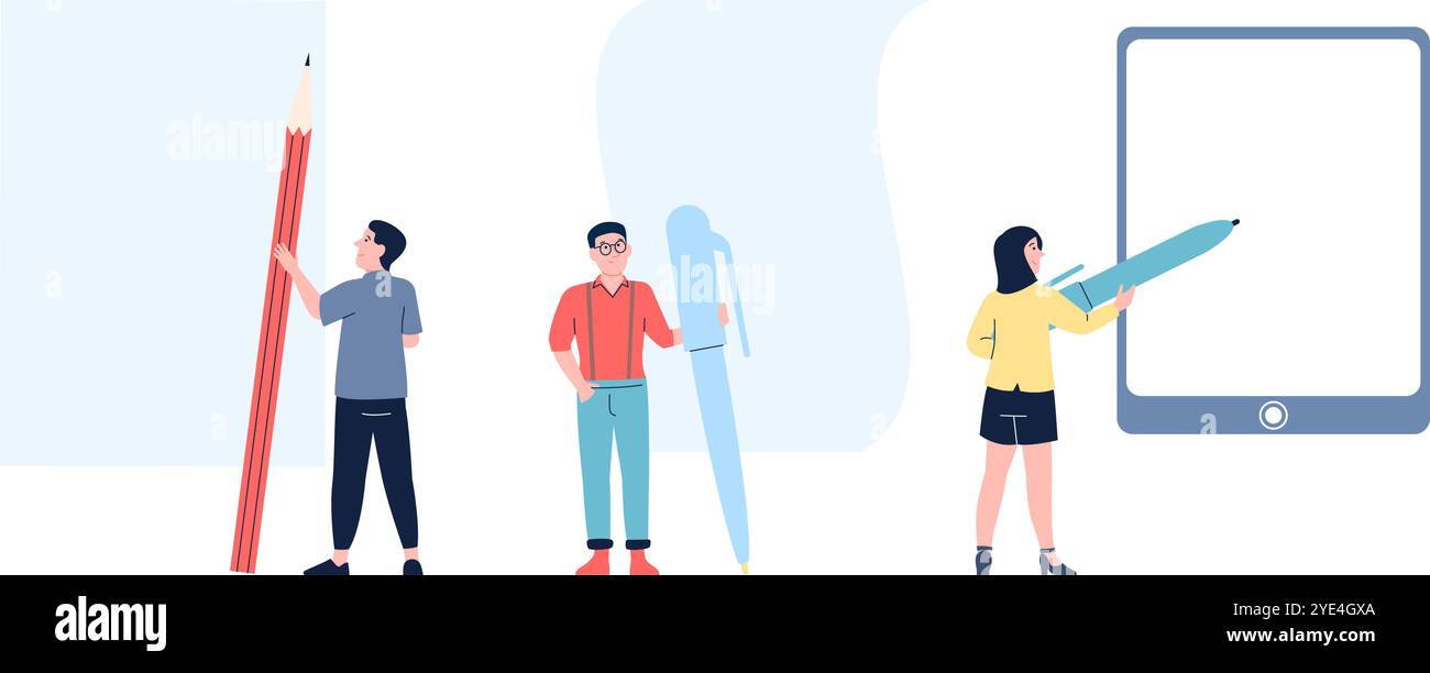 Persone con cancelleria a pagine vuote. Uomo donna che tiene in mano matita e penna, compila carta e moduli elettronici. Caratteri di ufficio isolati, set vettoriale Illustrazione Vettoriale