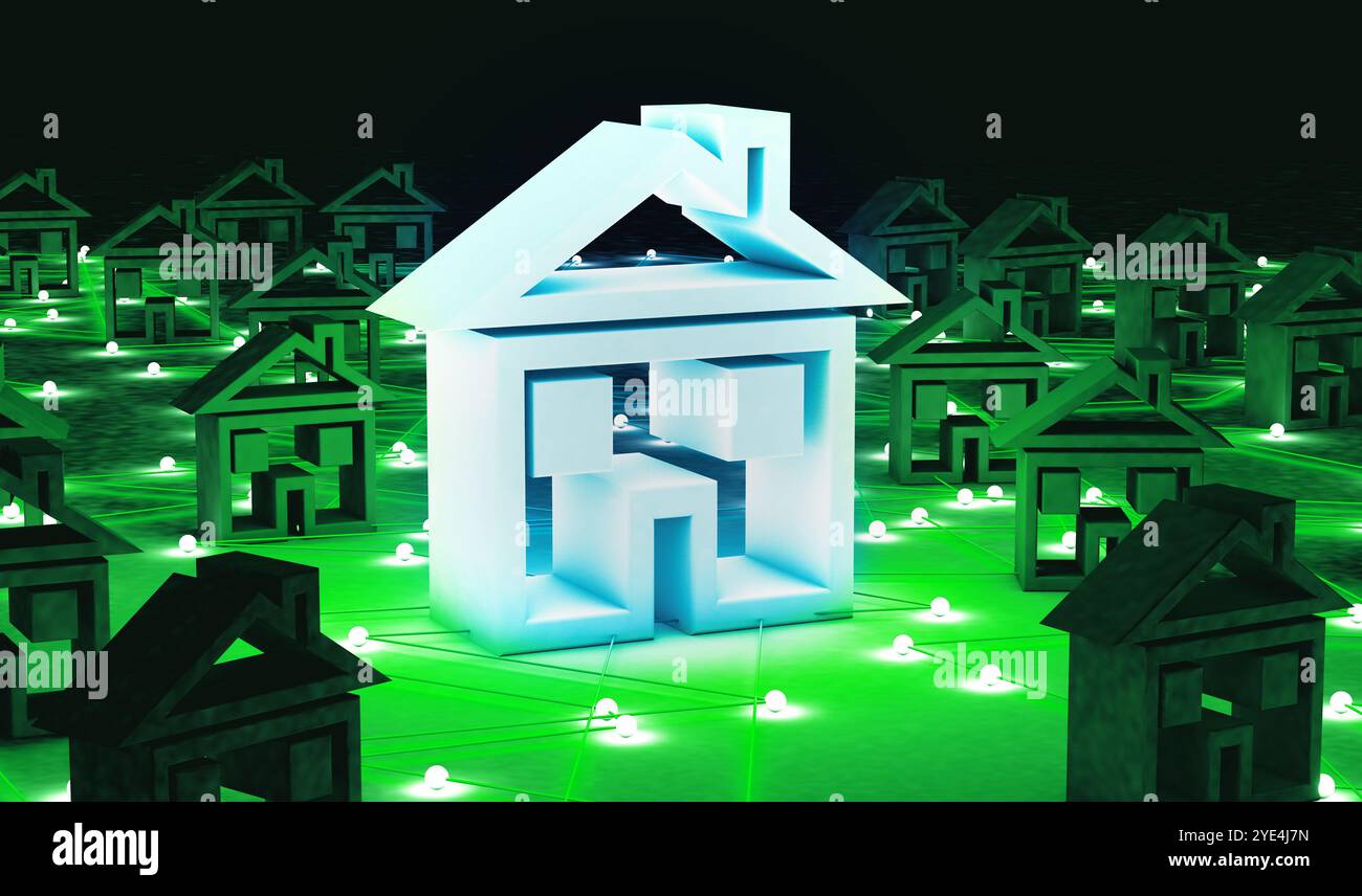 Cerca una casa su Internet. Immagine concettuale relativa a casa e tecnologia Foto Stock