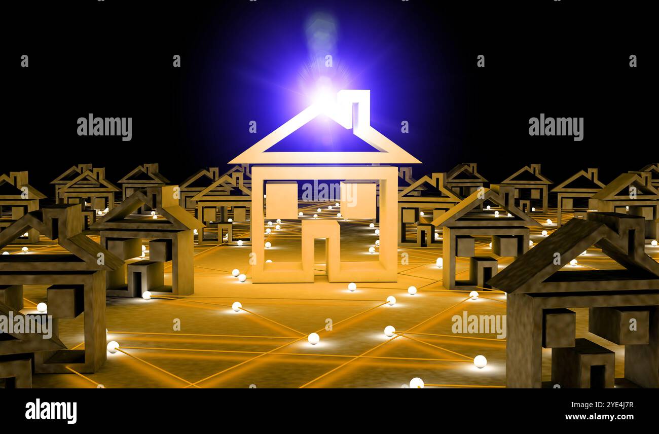 Cerca una casa su Internet. Immagine concettuale relativa a casa e tecnologia Foto Stock