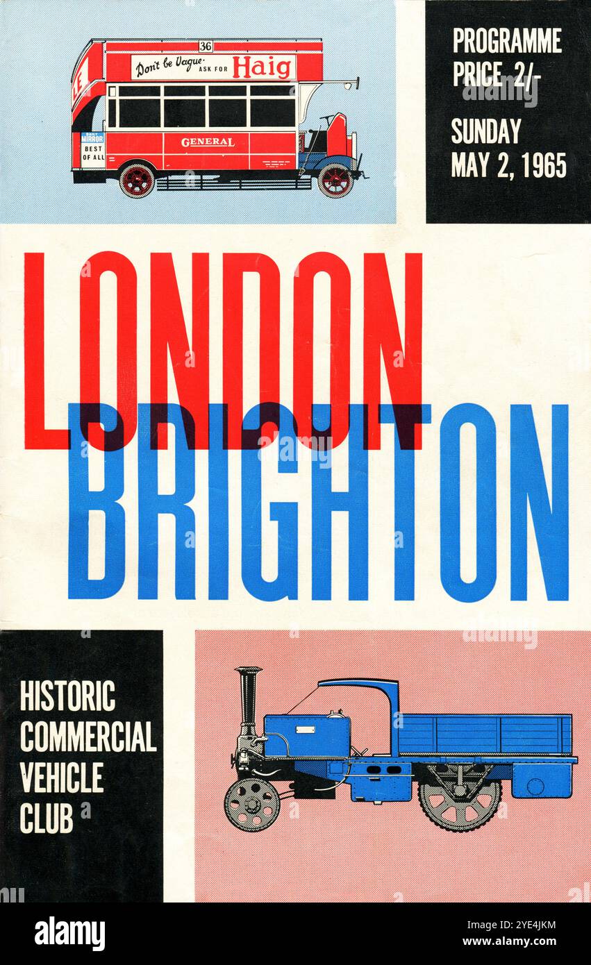 1965 – la copertina di un programma di souvenir pubblicato per lo Historic Commercial Vehicle Club London to Brighton Commemoration Run, che si tiene domenica 2 maggio 1965. La copertina raffigura una London General Omnibus Company, un autobus a motore scoperto AEC di tipo K e un carro a vapore Foden. Foto Stock