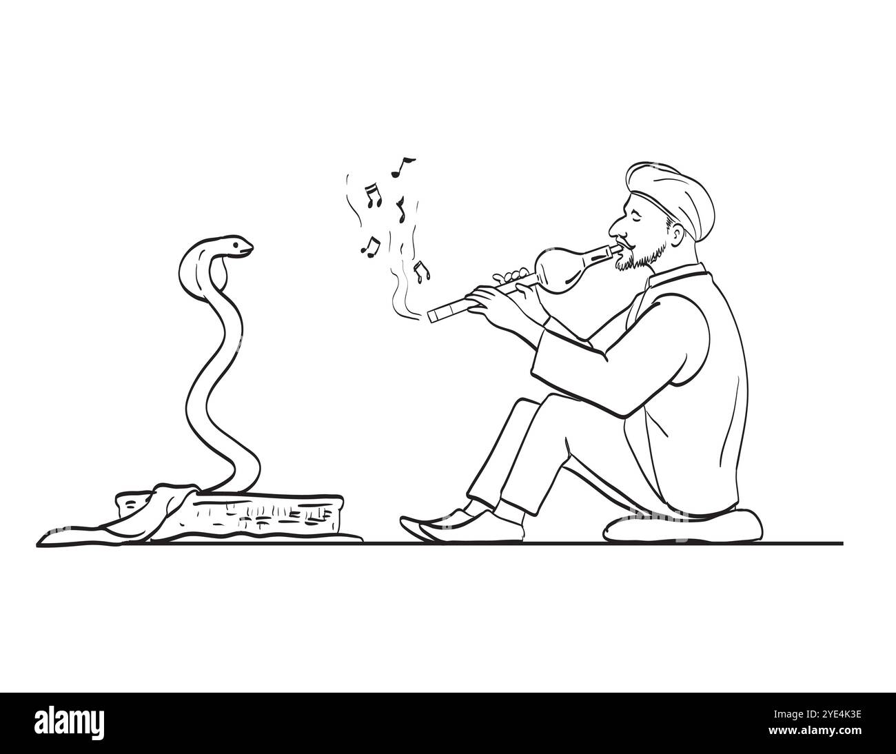 Disegno illustrazione in stile sketch di un Snake Charmer con flauto e cobra danzante su sfondo isolato realizzato in arte in linea bianca e nera. Illustrazione Vettoriale